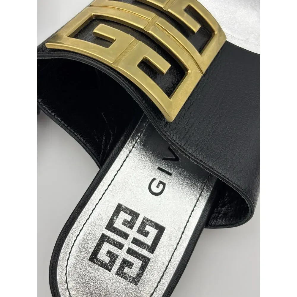 Authentic Givenchy Toe Ring Flat Sandal Black Leather Gold Logo Size 37.5 / 7 - Picture 11 of 12